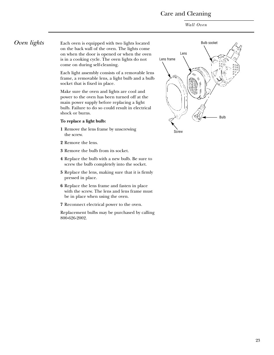 Oven lights, Care and cleaning | GE Monogram 30 Wall Oven User Manual | Page 23 / 32