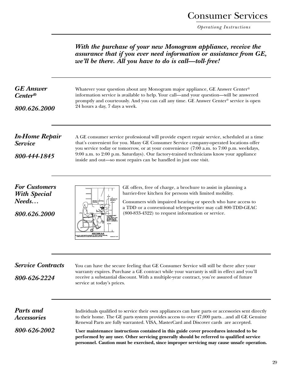 Important phone numbers, Consumer services | GE Monogram 30 Wall Oven User Manual | Page 29 / 32