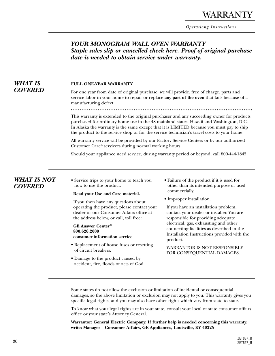 Warranty, What is not covered | GE Monogram 30 Wall Oven User Manual | Page 30 / 32