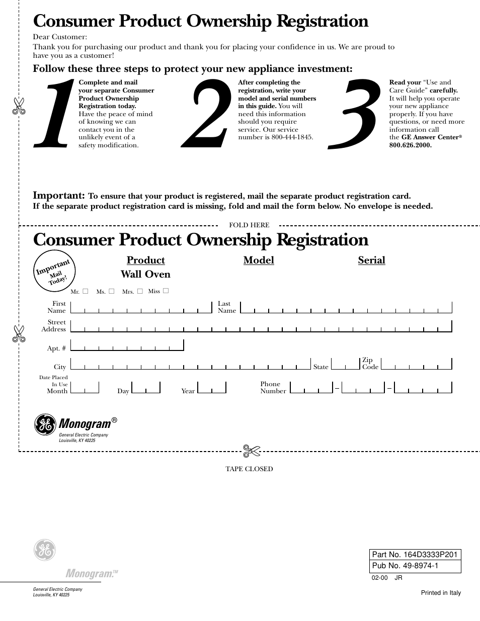 Consumer product ownership registration | GE Monogram 30 Wall Oven User Manual | Page 32 / 32