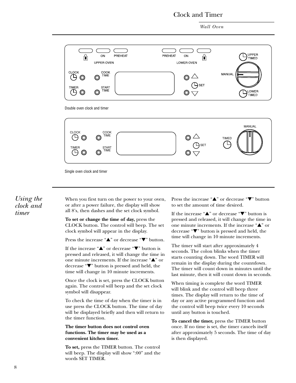 Clock and timer, Using the clock and timer | GE Monogram 30 Wall Oven User Manual | Page 8 / 32