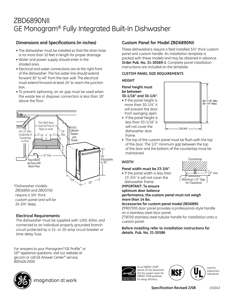 GE Monogram ZBD6890NII User Manual | 3 pages