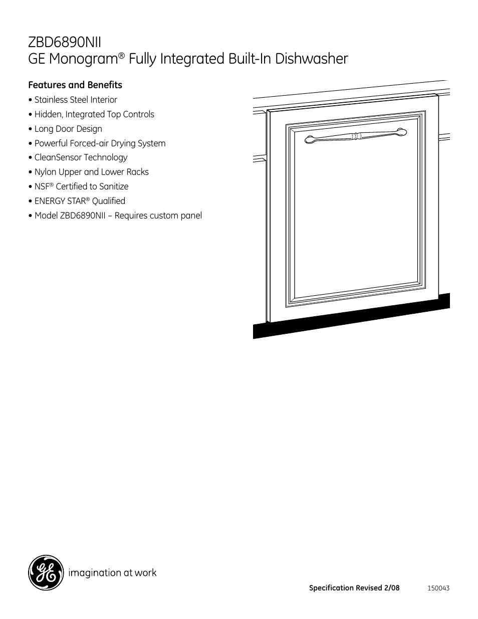 Zbd6890nii ge monogram, Fully integrated built-in dishwasher | GE Monogram ZBD6890NII User Manual | Page 3 / 3