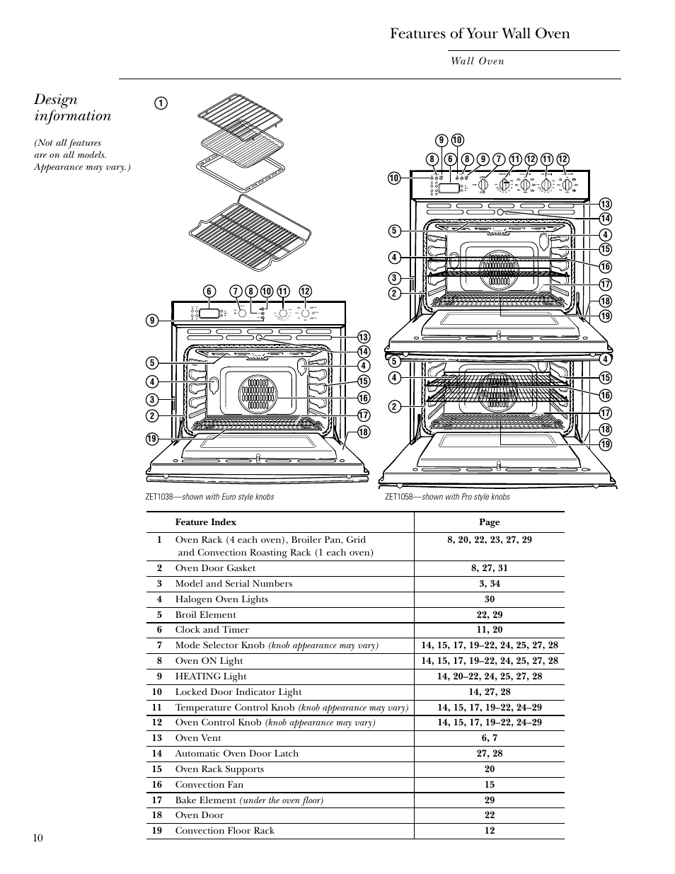 Features, Features of your wall oven, Design information | GE Monogram ZET1038 User Manual | Page 10 / 36