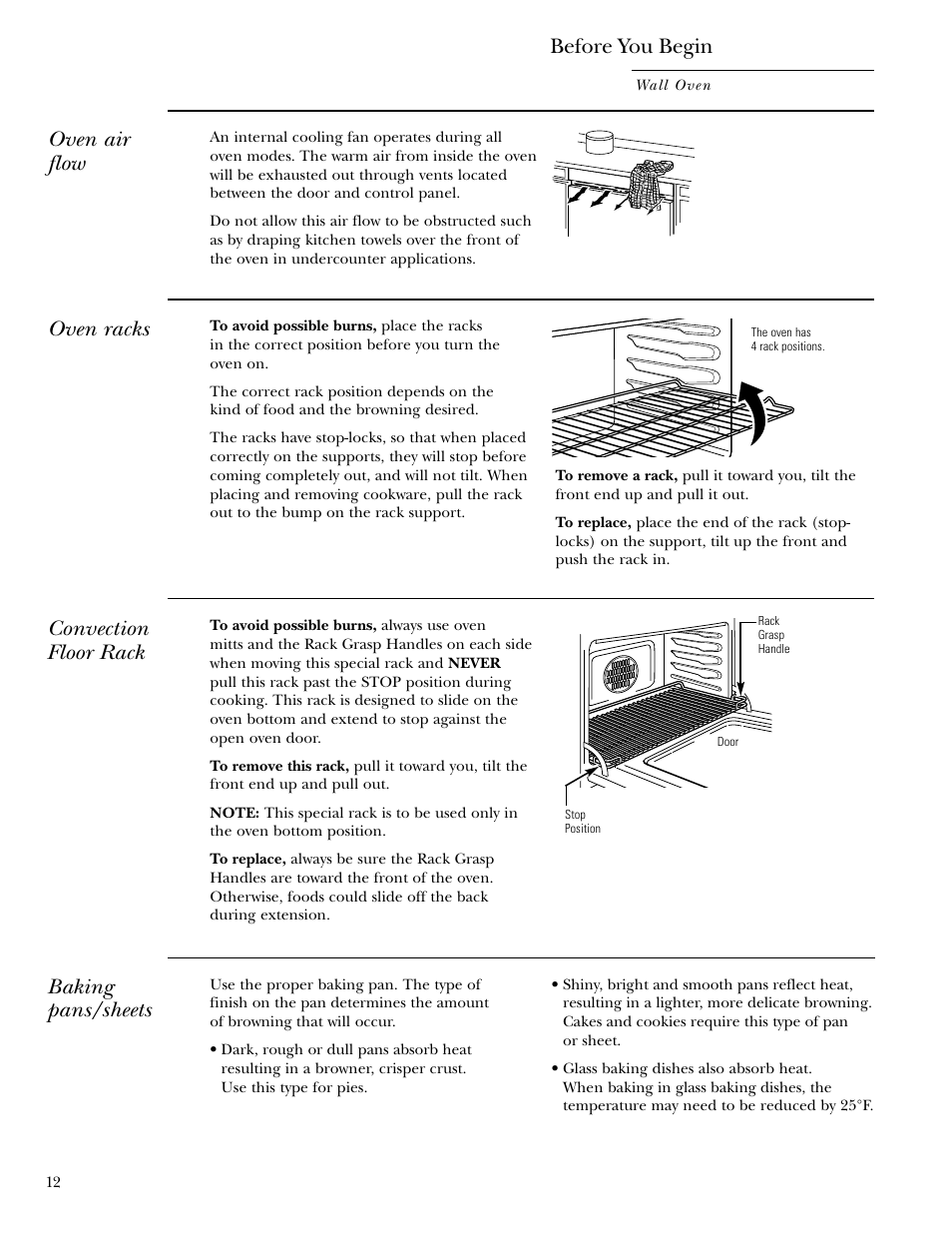 Baking pans/sheets, Convection floor rack, Before you begin | Oven racks, Oven air flow | GE Monogram ZET1038 User Manual | Page 12 / 36