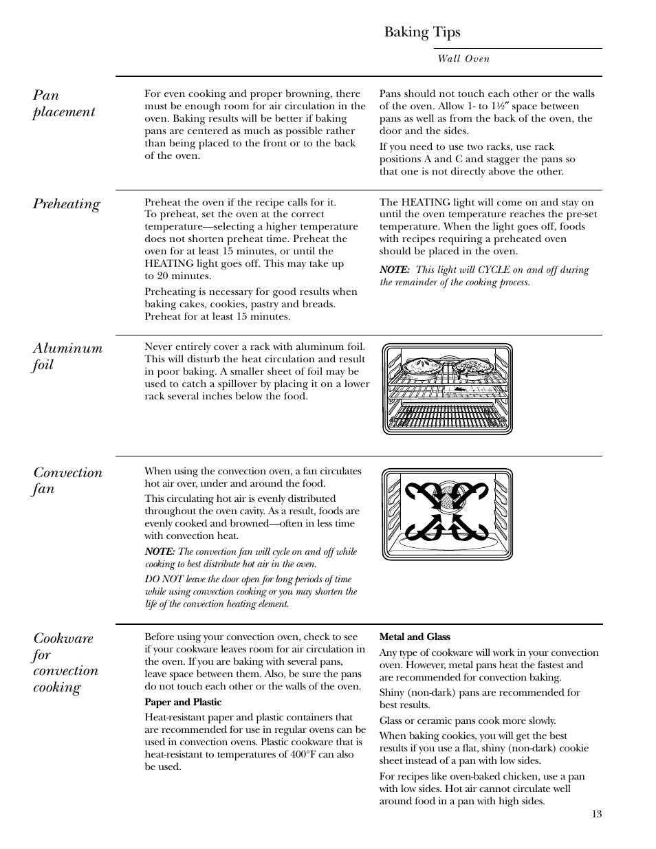 Baking/roasting, Baking/roasting , 20, Cookware for convection cooking | Baking tips, Pan placement, Preheating, Aluminum foil, Convection fan | GE Monogram ZET1038 User Manual | Page 13 / 36