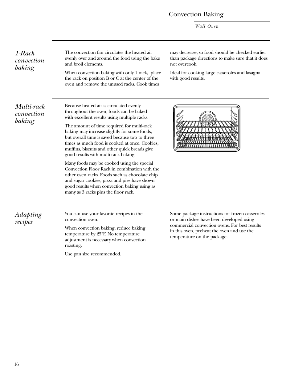 Convection baking, Rack convection baking, Adapting recipes | Multi-rack convection baking | GE Monogram ZET1038 User Manual | Page 16 / 36