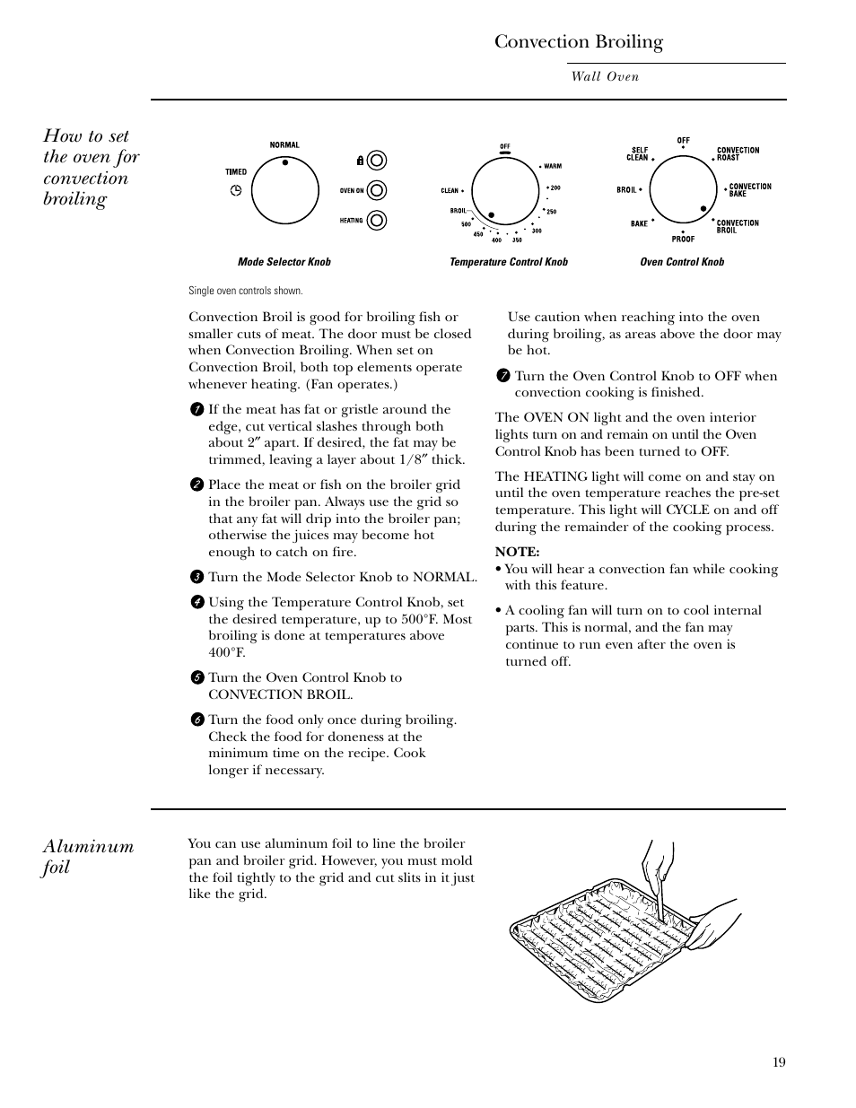 Convection broiling, How to set the oven for convection broiling, Aluminum foil | GE Monogram ZET1038 User Manual | Page 19 / 36