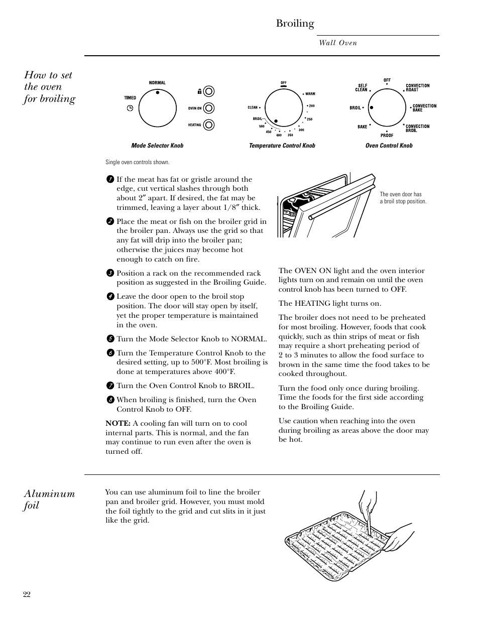 Broiling/broiling guide, Broiling/broiling guide , 23, Broiling | How to set the oven for broiling, Aluminum foil | GE Monogram ZET1038 User Manual | Page 22 / 36