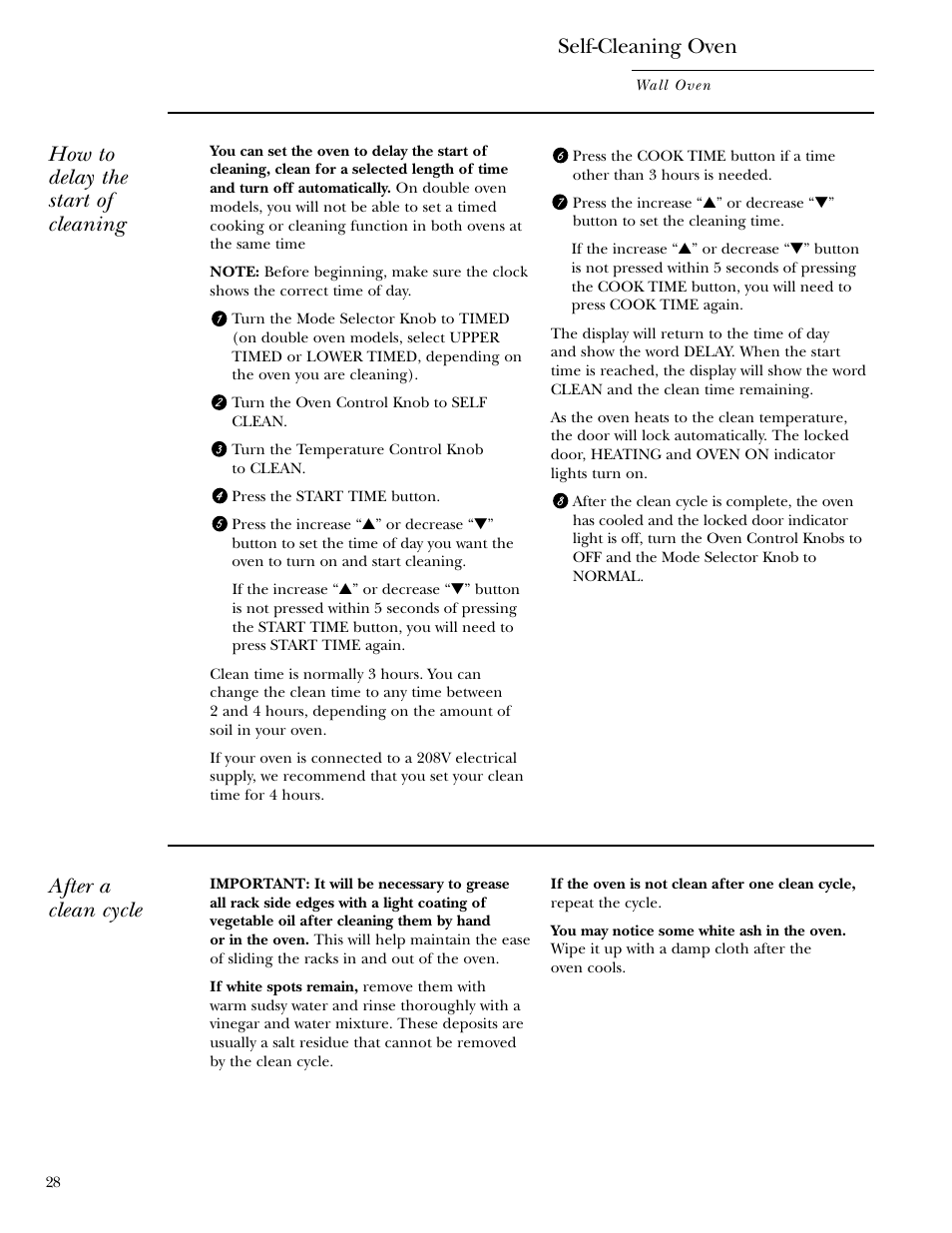 After a clean cycle, How to delay the start of cleaning, Self-cleaning oven | GE Monogram ZET1038 User Manual | Page 28 / 36
