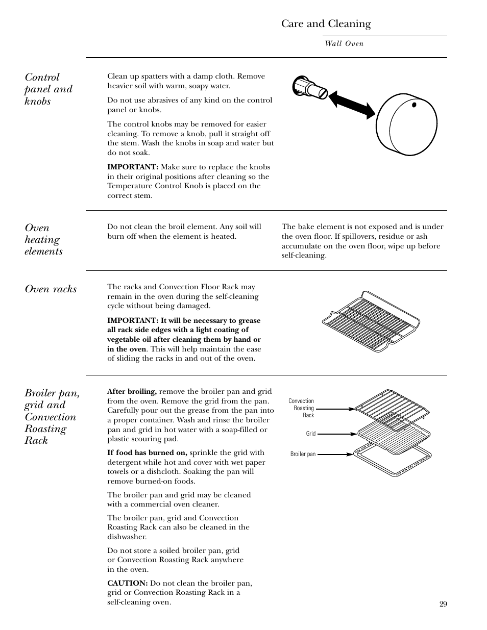 Broiler pan, grid and convection roasting rack, Racks, Care and cleaning | Control panel and knobs, Oven heating elements, Oven racks | GE Monogram ZET1038 User Manual | Page 29 / 36