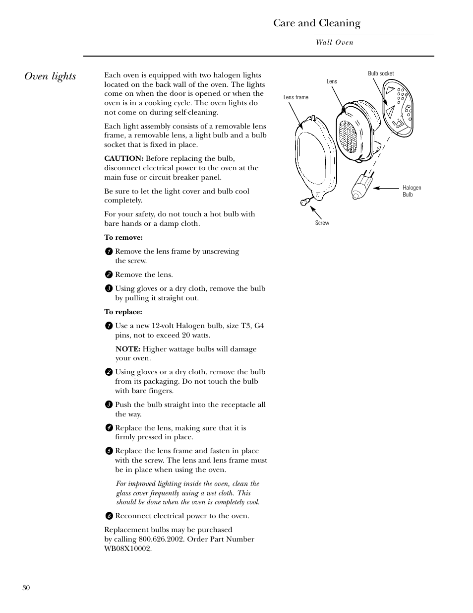 Oven lights, Care and cleaning | GE Monogram ZET1038 User Manual | Page 30 / 36