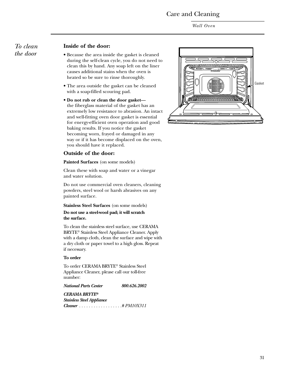 Oven door, Care and cleaning | GE Monogram ZET1038 User Manual | Page 31 / 36