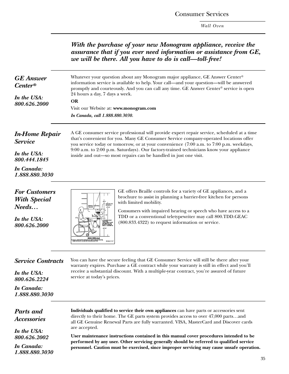 Important phone numbers, In-home repair service, Service contracts | Parts and accessories, For customers with special needs, Consumer services | GE Monogram ZET1038 User Manual | Page 35 / 36