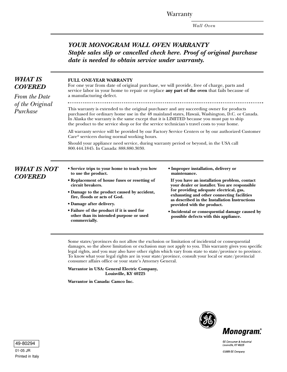 Warranty, What is not covered | GE Monogram ZET1038 User Manual | Page 36 / 36