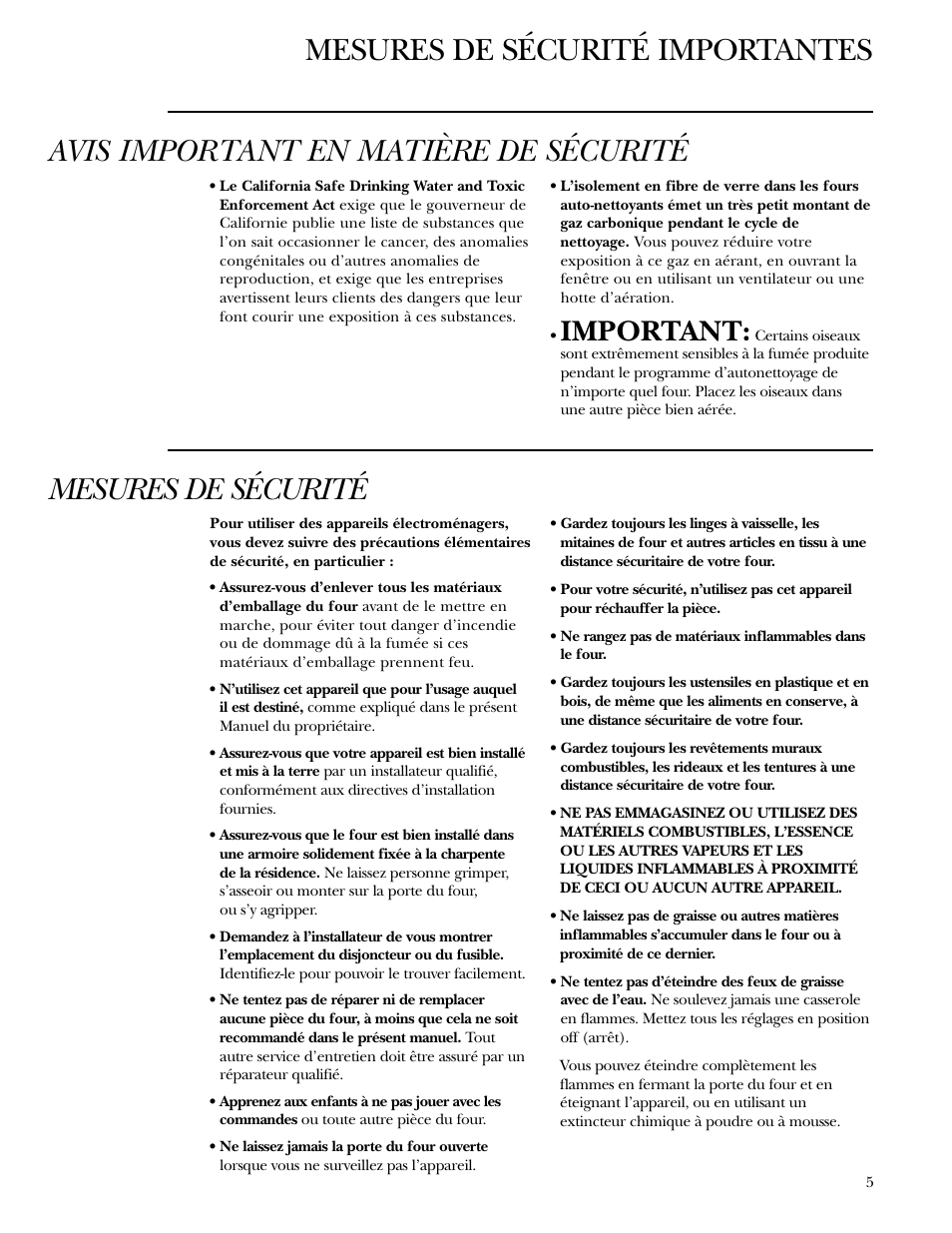 Mesures de sécurité, Important | GE Monogram ZET1038 User Manual | Page 5 / 36