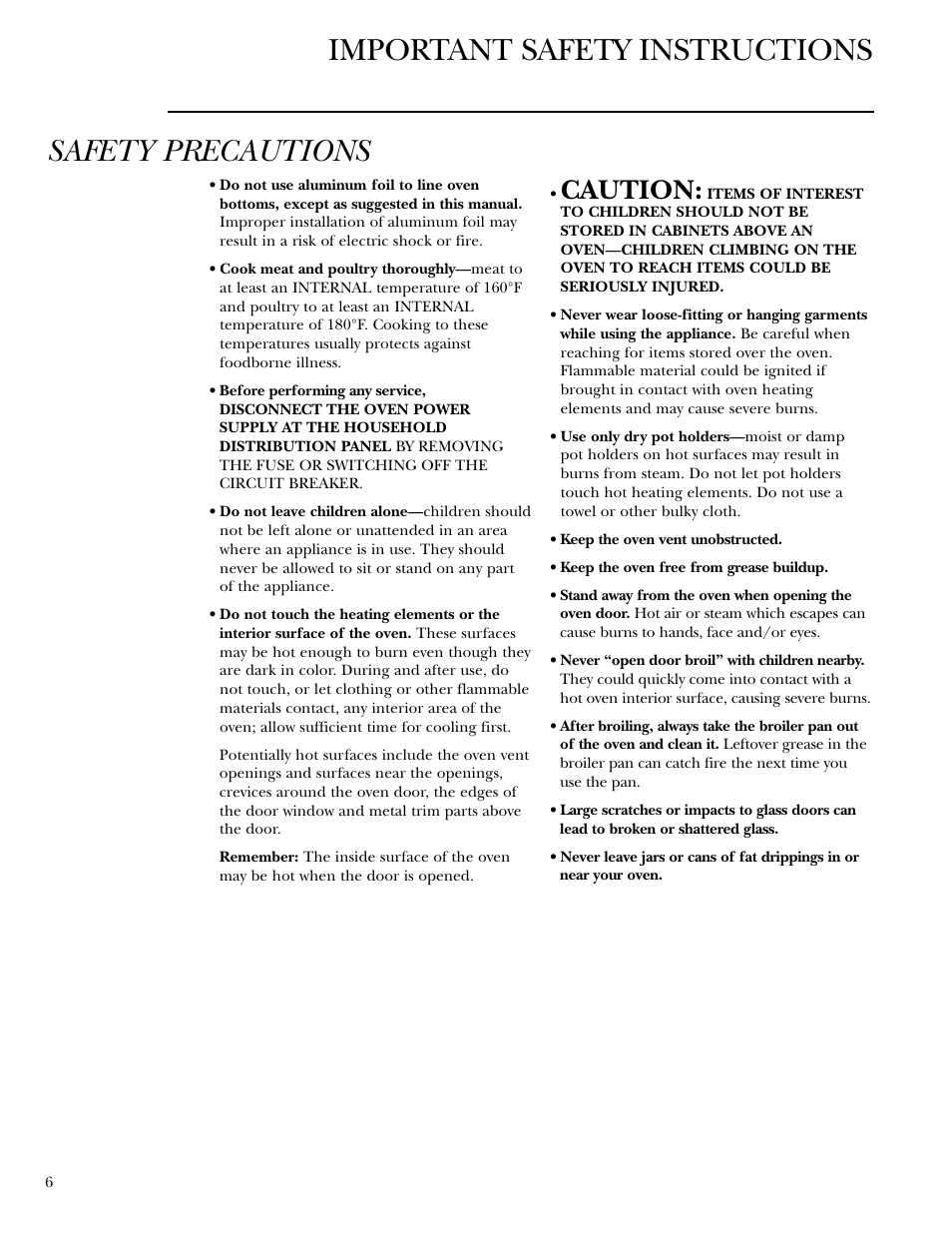 Aluminum foil, Aluminum foil , 7, 13, 19, 22, Safety precautions | Important safety instructions, Caution | GE Monogram ZET1038 User Manual | Page 6 / 36