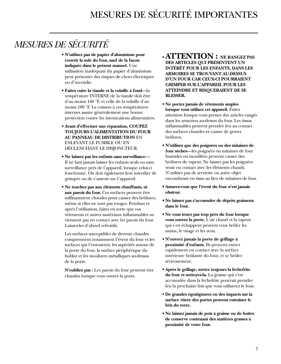 Mesures de sécurité, Mesures de sécurité importantes, Attention | GE Monogram ZET1038 User Manual | Page 7 / 36