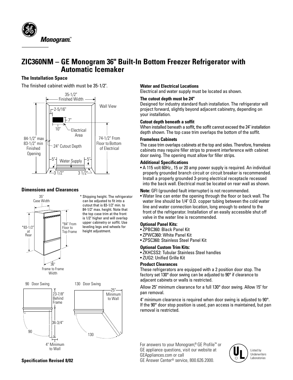 GE Monogram ZIC360NM User Manual | 5 pages
