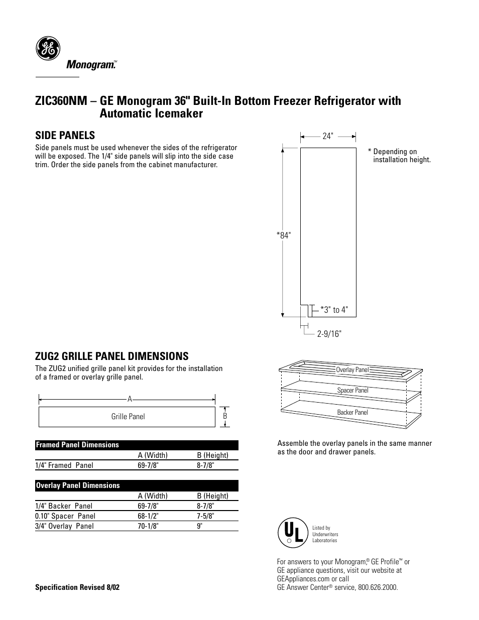 Monogram, Side panels, Zug2 grille panel dimensions | GE Monogram ZIC360NM User Manual | Page 4 / 5