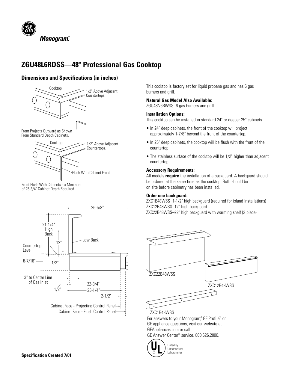 GE Monogram ZGU48L6RDSS User Manual | 4 pages