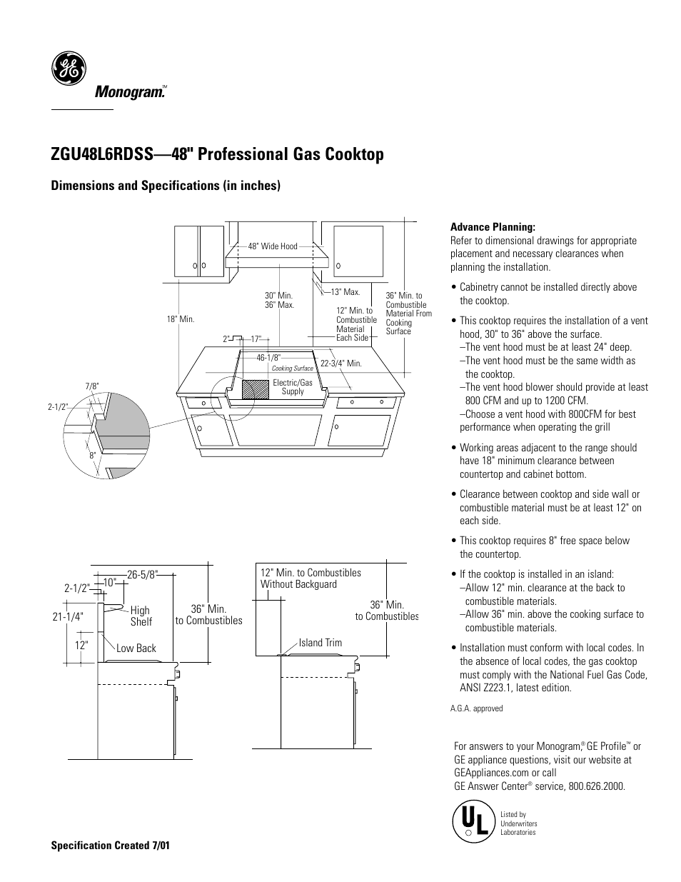Monogram, Dimensions and specifications (in inches) | GE Monogram ZGU48L6RDSS User Manual | Page 2 / 4