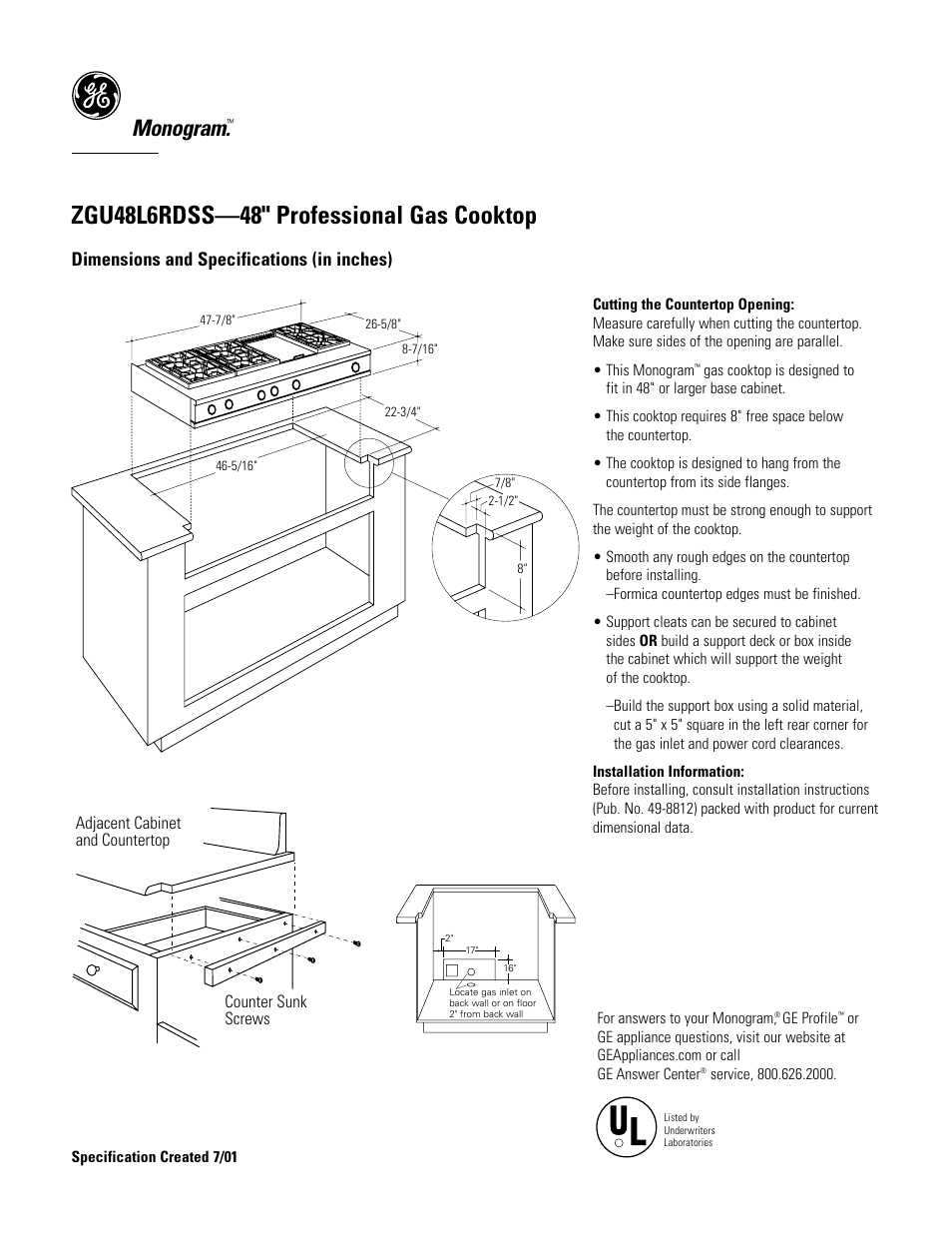 Monogram, Dimensions and specifications (in inches) | GE Monogram ZGU48L6RDSS User Manual | Page 3 / 4