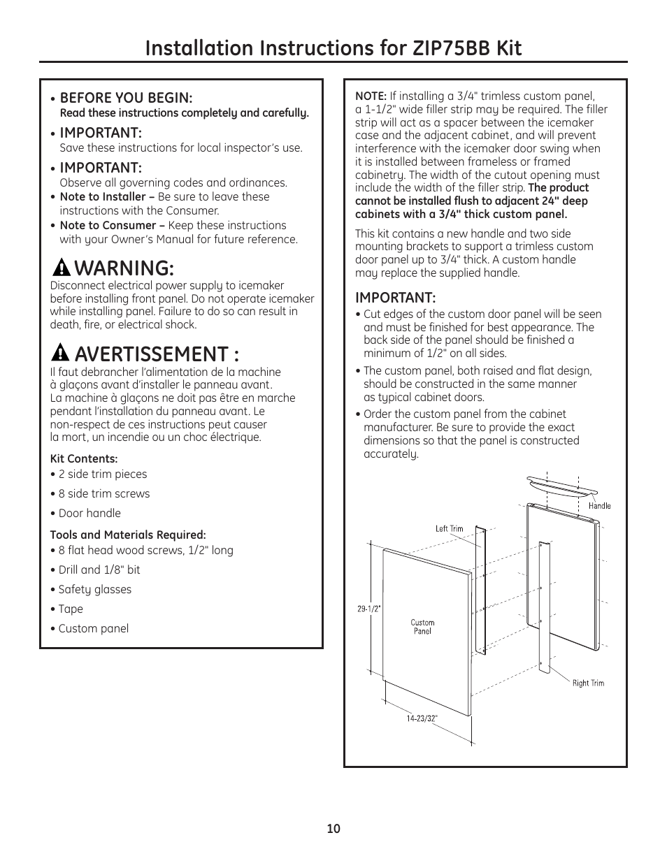 Zip75bb kit for 3/4" thick panels, Zip75bb kit for 3/4" thick panels , 11, Installation instructions for zip75bb kit | Warning, Avertissement | GE Monogram ZDIC150 User Manual | Page 10 / 12