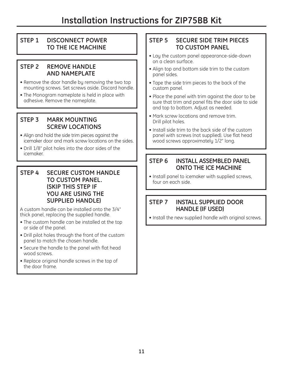 Installation instructions for zip75bb kit | GE Monogram ZDIC150 User Manual | Page 11 / 12