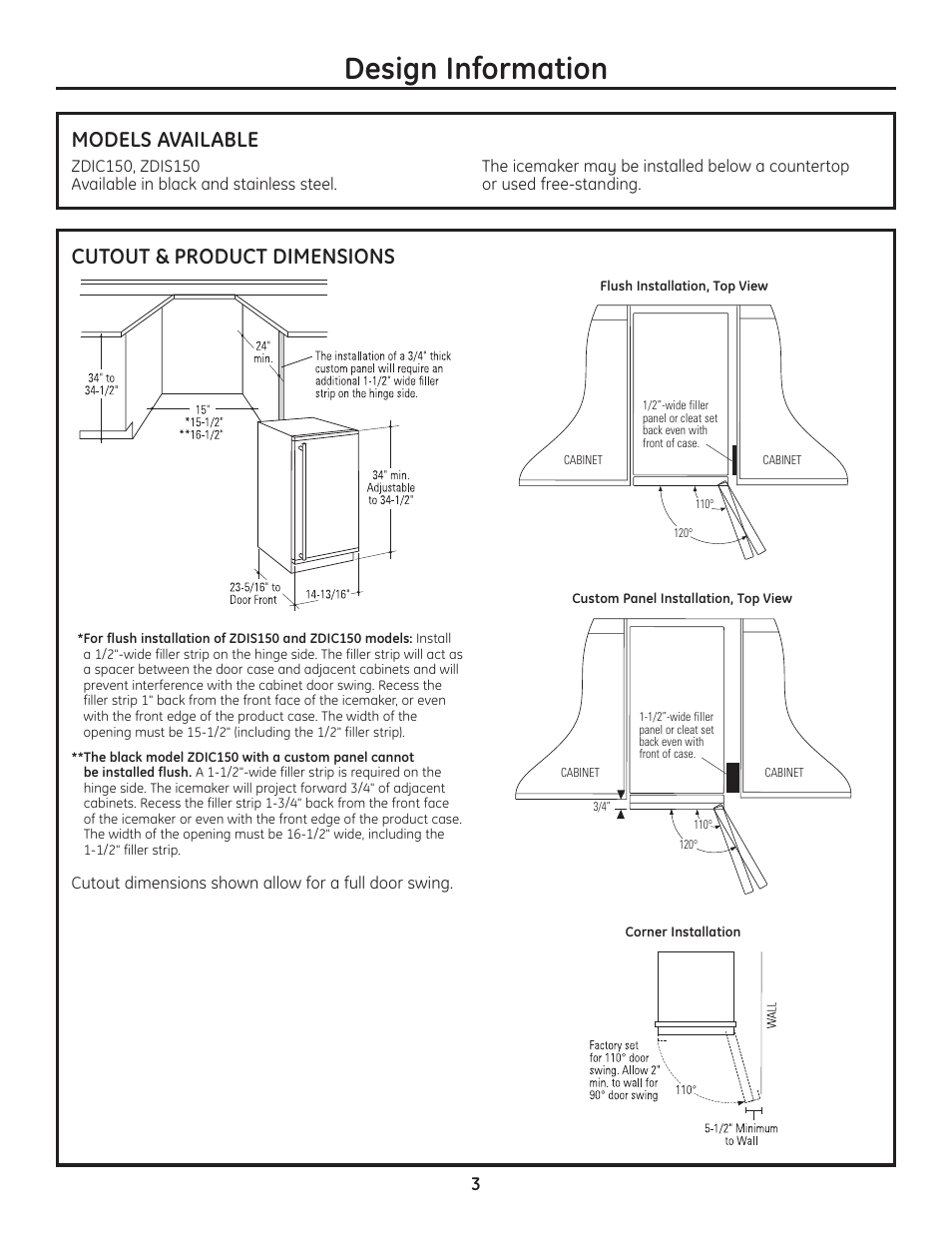Models available, Cutout & product dimensions, Models available cutout & product dimensions | Design information | GE Monogram ZDIC150 User Manual | Page 3 / 12