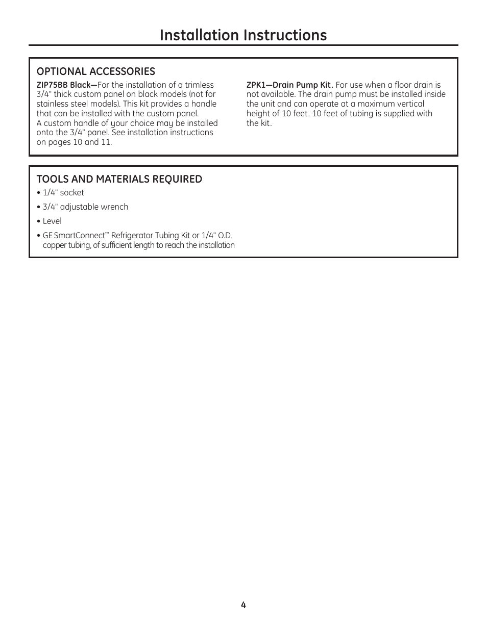 Optional accessories, Tools and materials required, Optional accessories tools and materials required | Installation instructions | GE Monogram ZDIC150 User Manual | Page 4 / 12