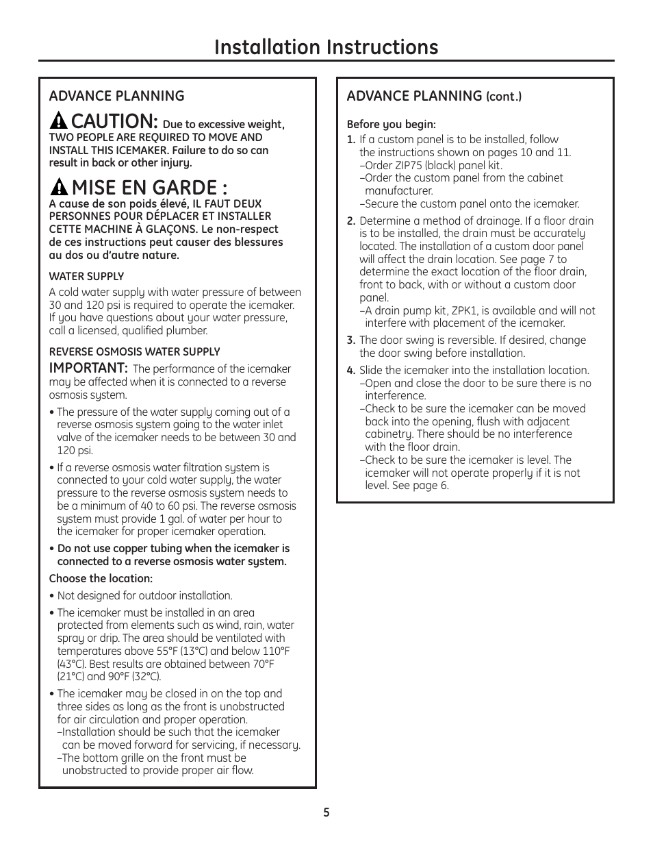 Advance planning, Installation instructions, Caution | Mise en garde | GE Monogram ZDIC150 User Manual | Page 5 / 12