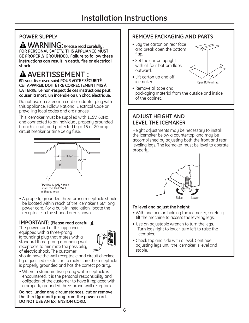 Power supply, Remove packaging, Adjust height of icemaker | Installation instructions, Warning, Avertissement | GE Monogram ZDIC150 User Manual | Page 6 / 12