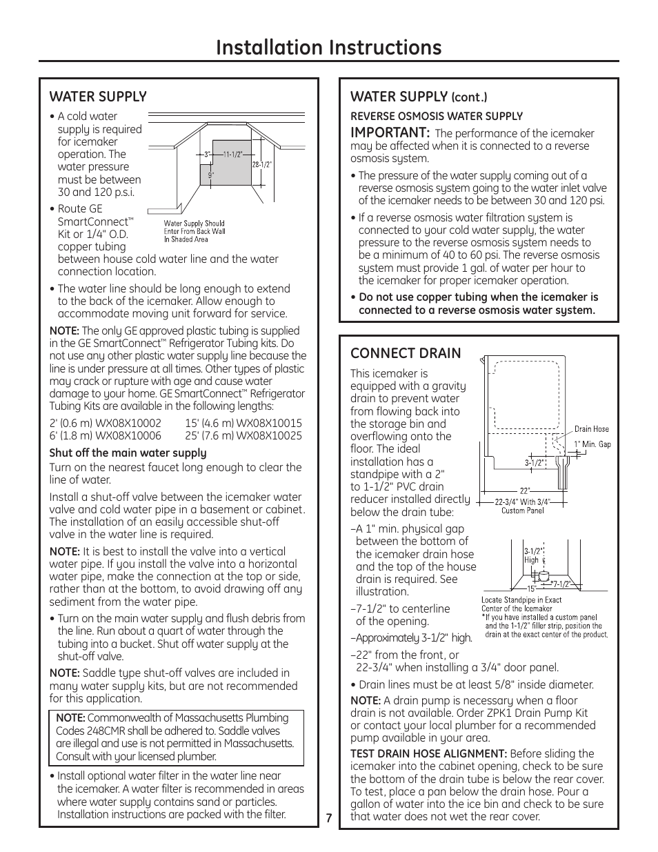 Water supply, Connect the drain, Water supply connect the drain | Installation instructions, Connect drain, Important | GE Monogram ZDIC150 User Manual | Page 7 / 12