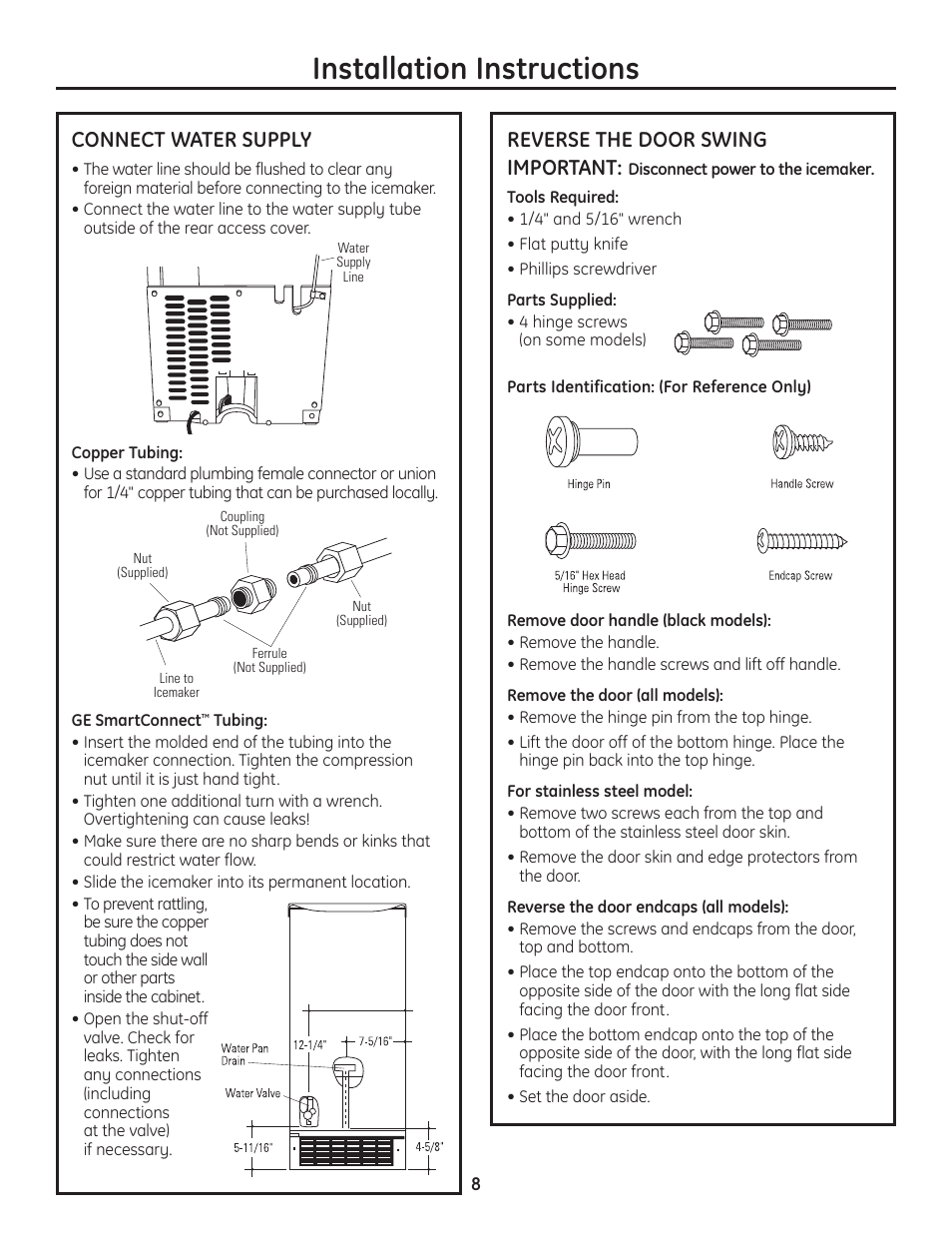 Connect water supply, Reverse door swing, Connect water supply reverse door swing , 9 | Installation instructions, Reverse the door swing important | GE Monogram ZDIC150 User Manual | Page 8 / 12