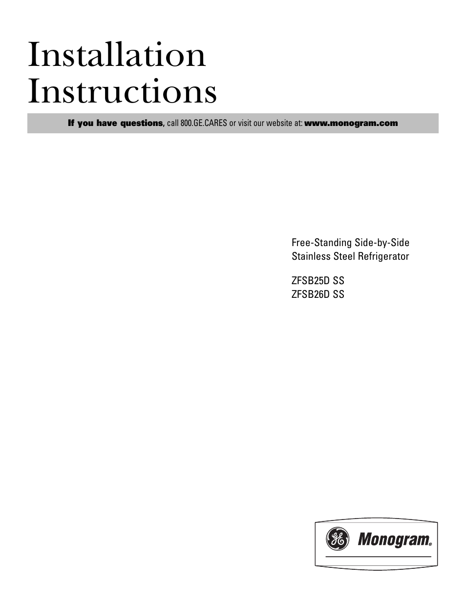 GE Monogram ZFSB26D SS User Manual | 12 pages