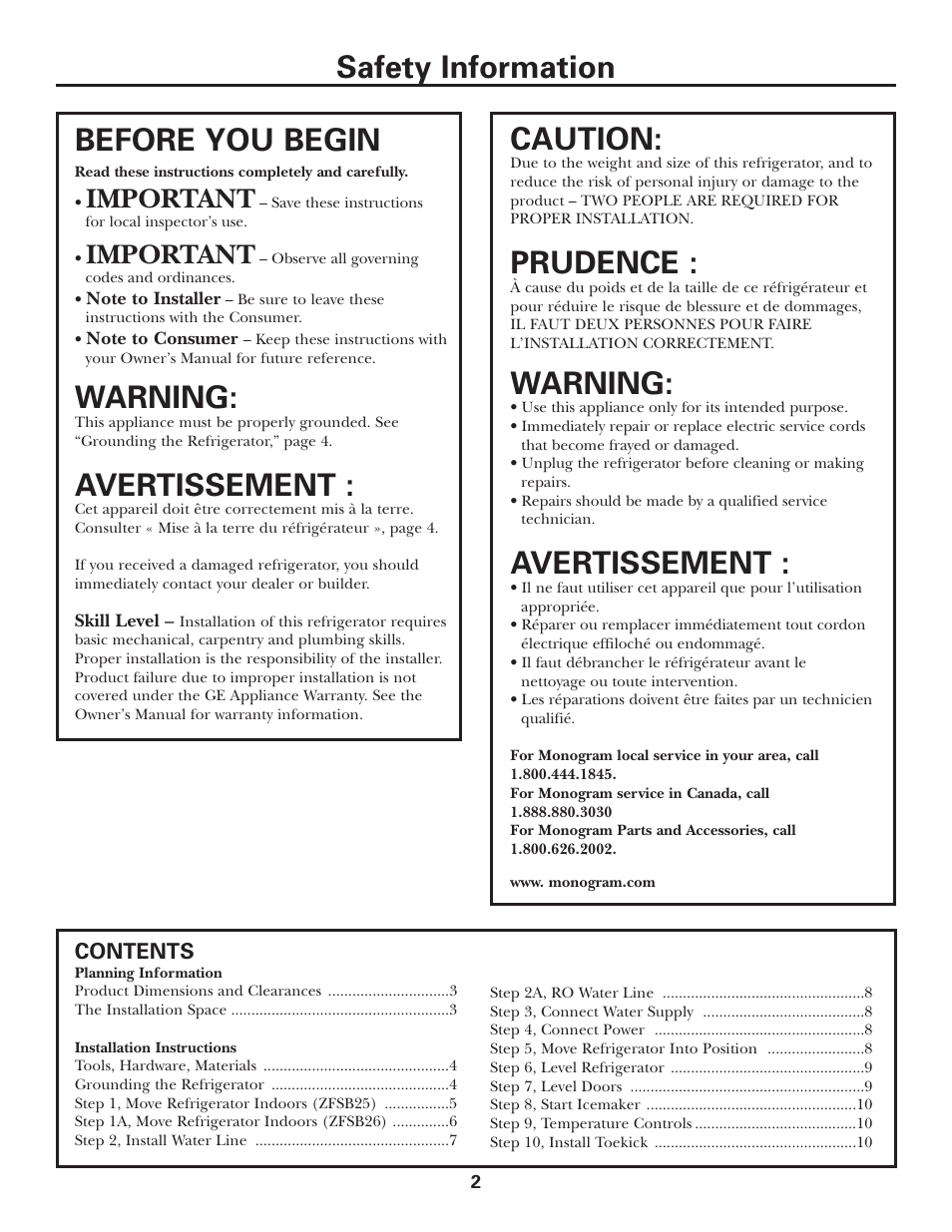 Planning information, Installation instructions, Safety information caution | Prudence, Warning, Avertissement, Before you begin, Important | GE Monogram ZFSB26D SS User Manual | Page 2 / 12