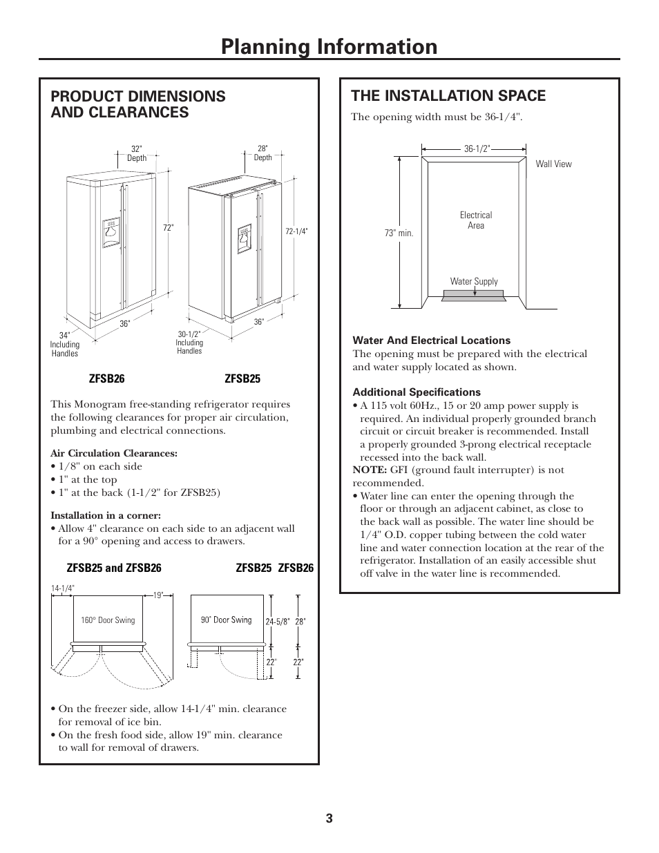 Product dimensions and clearances, The installation space, Planning information | GE Monogram ZFSB26D SS User Manual | Page 3 / 12