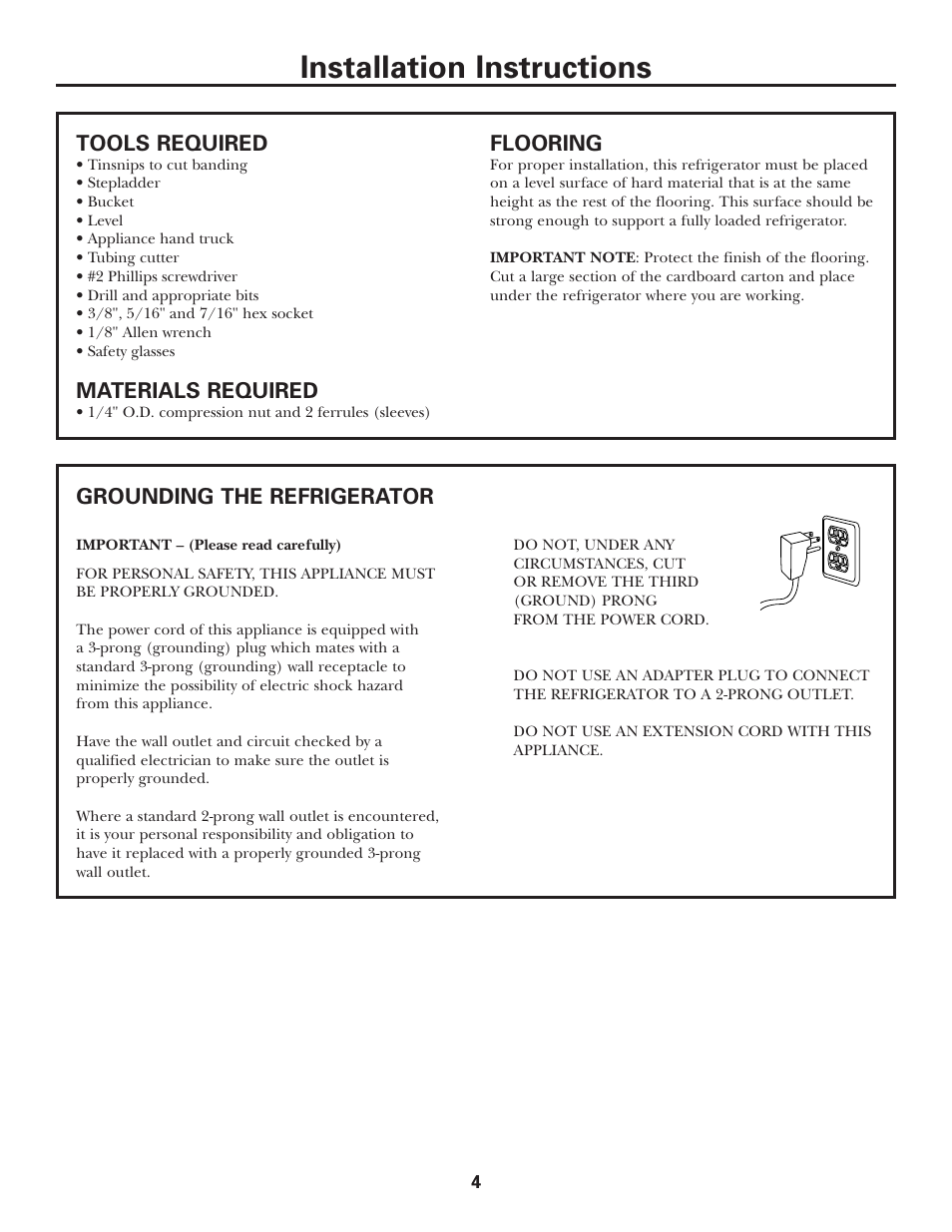 Tools, hardware, materials, Grounding the refrigerator, Installation instructions | Tools required, Materials required, Flooring | GE Monogram ZFSB26D SS User Manual | Page 4 / 12