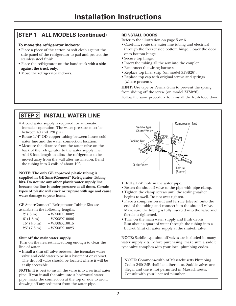 Step 2, install water line, Installation instructions, Step 1 all models (continued) | Step 2 install water line | GE Monogram ZFSB26D SS User Manual | Page 7 / 12
