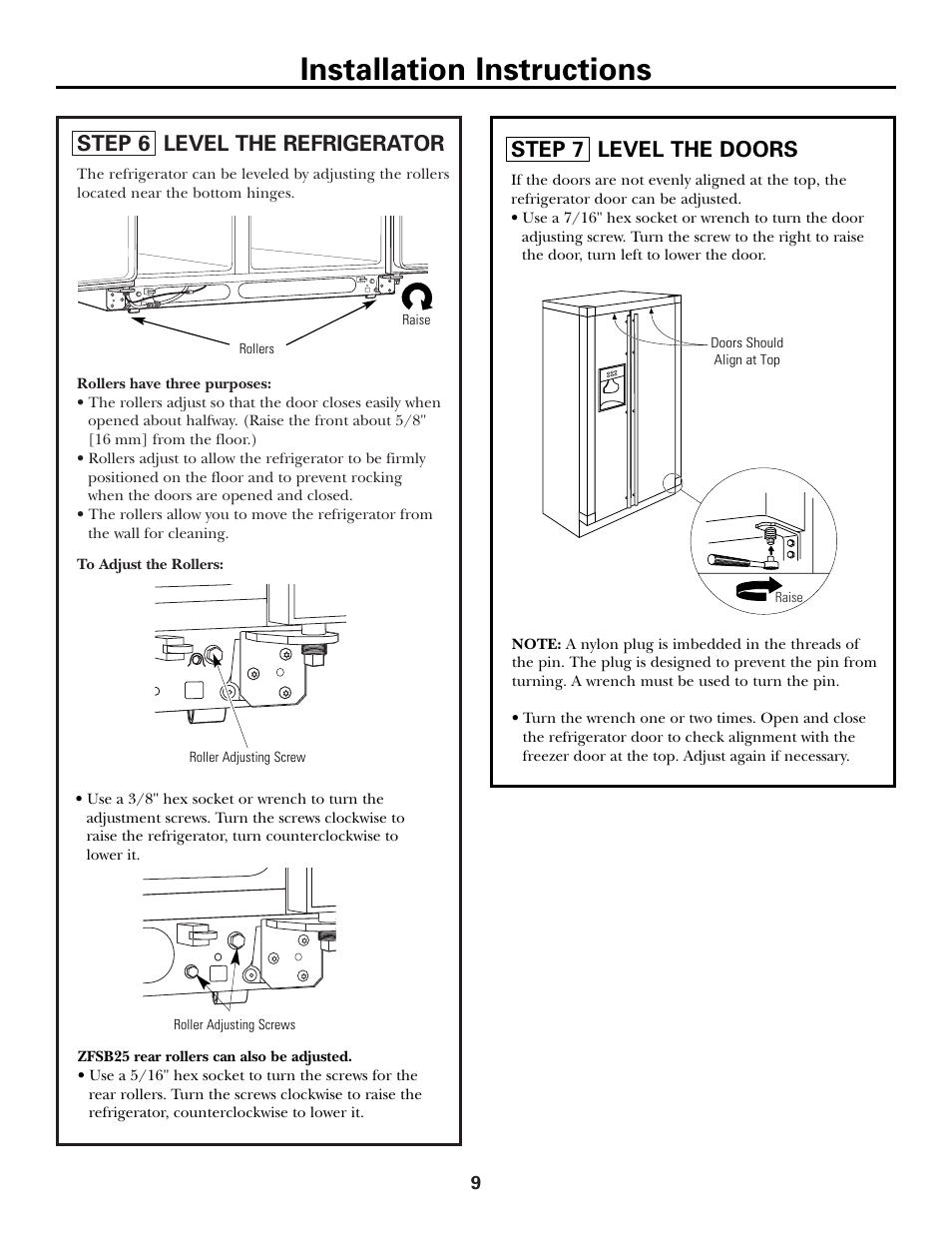 Step 6, level refrigerator, Step 7, level doors, Step 6, level refrigerator step 7, level doors | Installation instructions, Step 6 level the refrigerator, Step 7 level the doors | GE Monogram ZFSB26D SS User Manual | Page 9 / 12