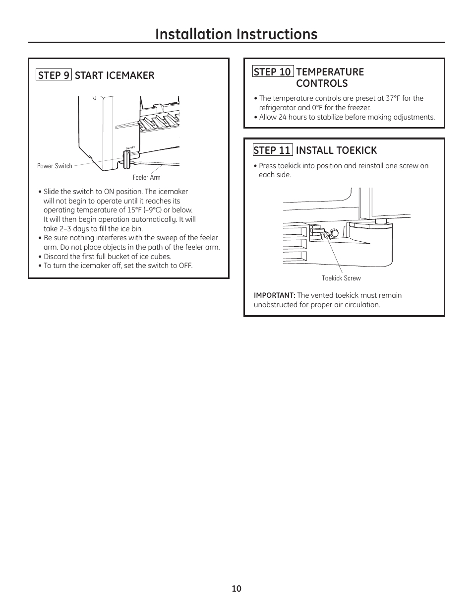 Step 9, start icemaker, Step 10, temperature controls, Step 11, install toekick | 213dia5, Installation instructions | GE Monogram ZFSB25D SS User Manual | Page 10 / 12