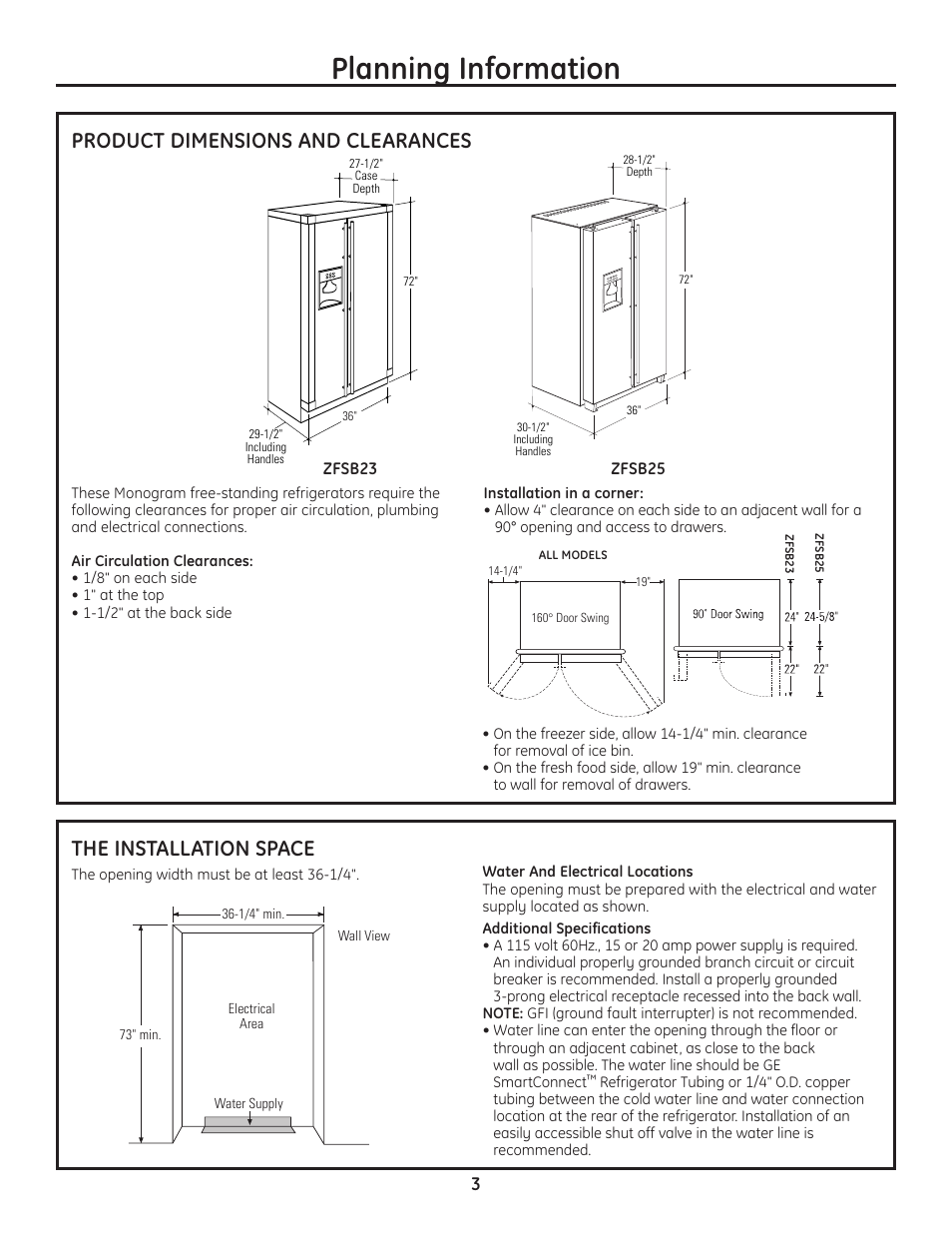 Product dimensions and clearances, The installation space, Planning information | Dia6, 716dia1 | GE Monogram ZFSB25D SS User Manual | Page 3 / 12