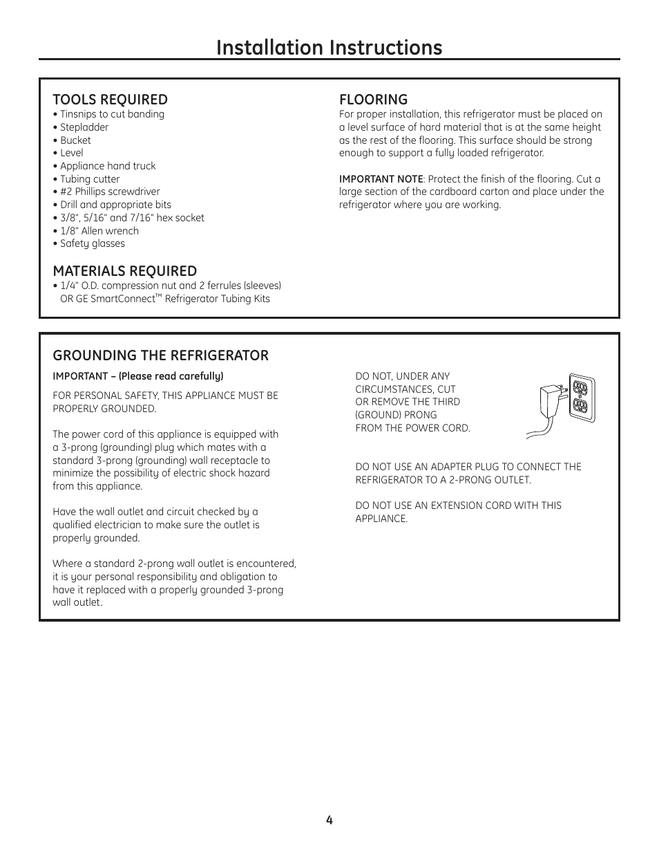 Tools, hardware, materials, Grounding the refrigerator, 213dia3 | Installation instructions | GE Monogram ZFSB25D SS User Manual | Page 4 / 12