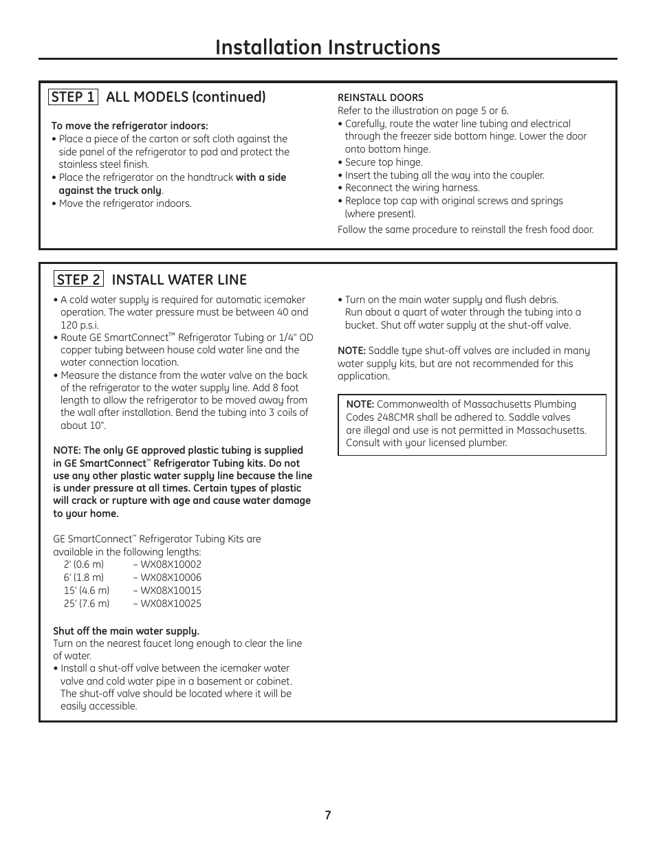 Step 2, install water line, Installation instructions, Step 1 all models (continued) | Step 2 install water line | GE Monogram ZFSB25D SS User Manual | Page 7 / 12
