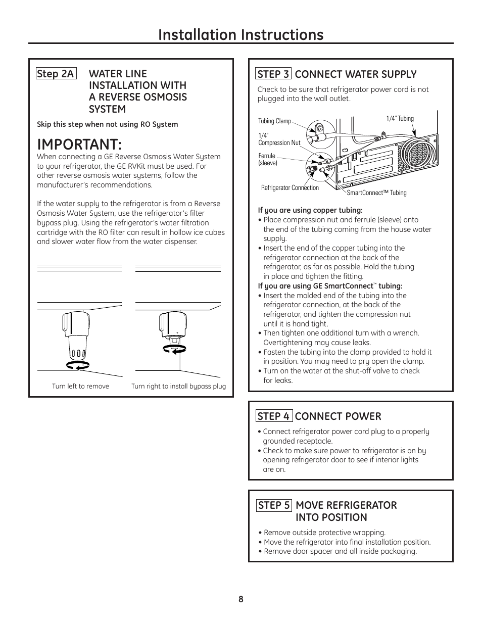 Step 2a, ro water line, Step 3, connect water supply, Step 4, connect power | Step 5, move refrigerator into position, 213dia7, Installation instructions, Important, 716dia2, Step 3 connect water supply, Step 4 connect power | GE Monogram ZFSB25D SS User Manual | Page 8 / 12