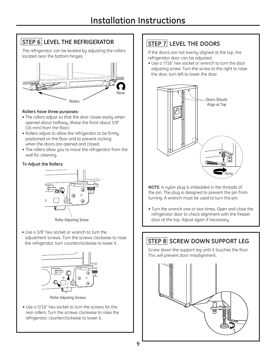 Step 6, level refrigerator, Step 7, level doors, Step 8, screw down support leg | Installation instructions, 716dia7, 716dia8, 716dia4, 716dia3, Step 6 level the refrigerator, Step 7 level the doors | GE Monogram ZFSB25D SS User Manual | Page 9 / 12