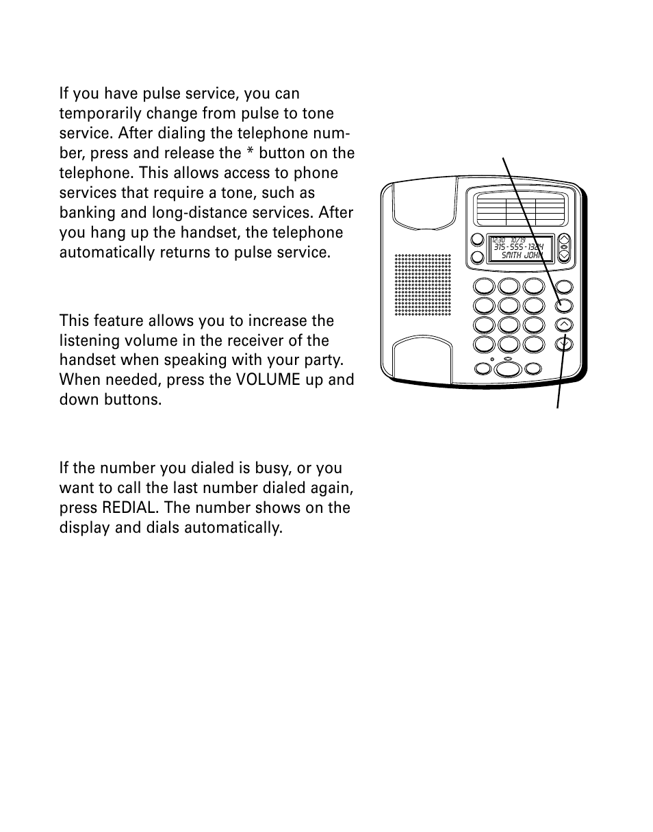 Temporary tone dialing, Volume control, Redial | Emporary, Ialing, Olume, Ontrol, Edial | GE Monogram 29391 User Manual | Page 23 / 72