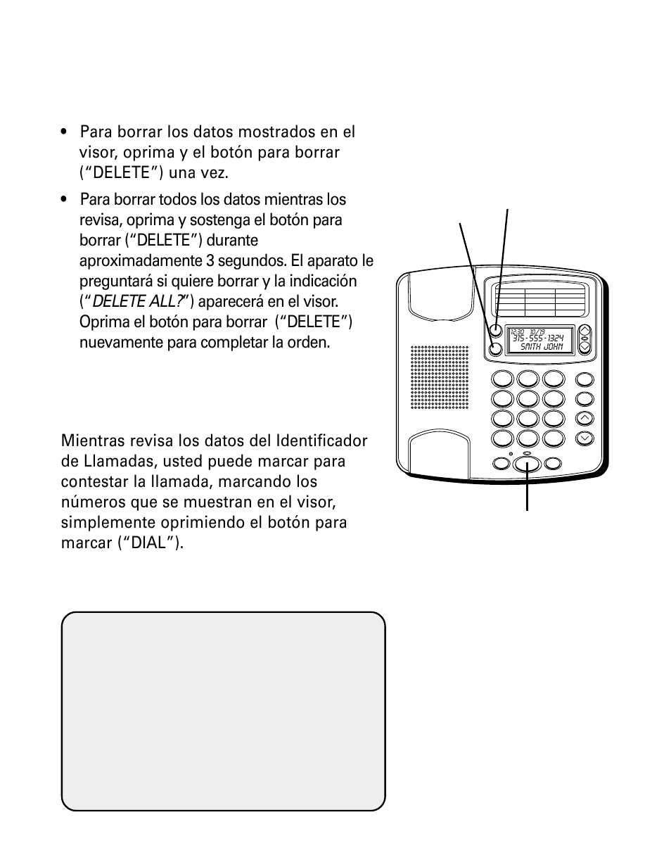 Para borrar información de las llamadas, Para discar (contestando una llamada), Borrar | Información, Llamadas, Discar, Contestando, Llamada, Las llamadas, Una llamada | GE Monogram 29391 User Manual | Page 53 / 72