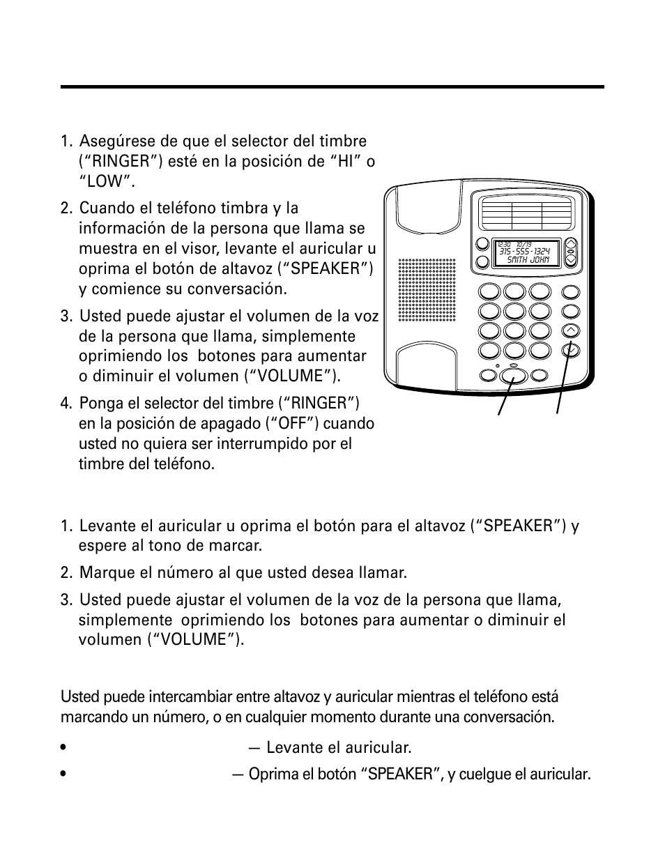 Funciones básicas del teléfono, Para recibir una llamada, Para hacer una llamada | Para intercambiar entre altavoz y auricular, Unciones, Ásicas, Eléfono, Recibir, Lamada, Hacer | GE Monogram 29391 User Manual | Page 58 / 72